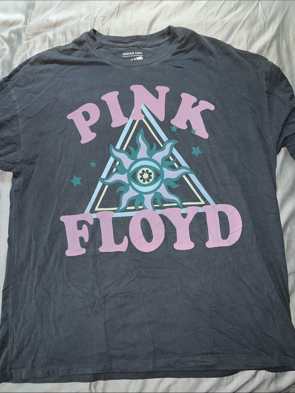 American Eagle Outfitters Pink Floyd Black Graphic Tee with Pink & Teal Print